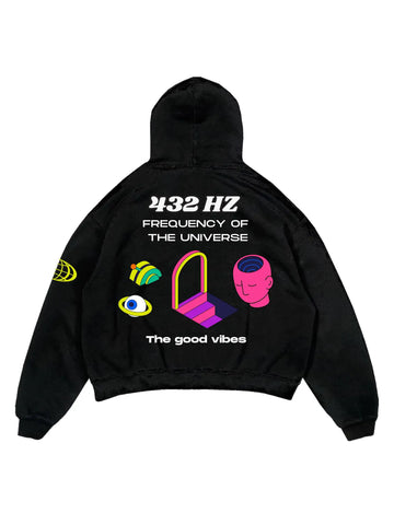 Black oversized hoodie, 432hz music frequency good vibes graphic y2k print, skream streetwear t-shirt