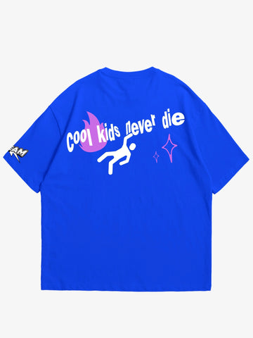 blue oversized t-shirt, graphic y2k print, skream streetwear t-shirt