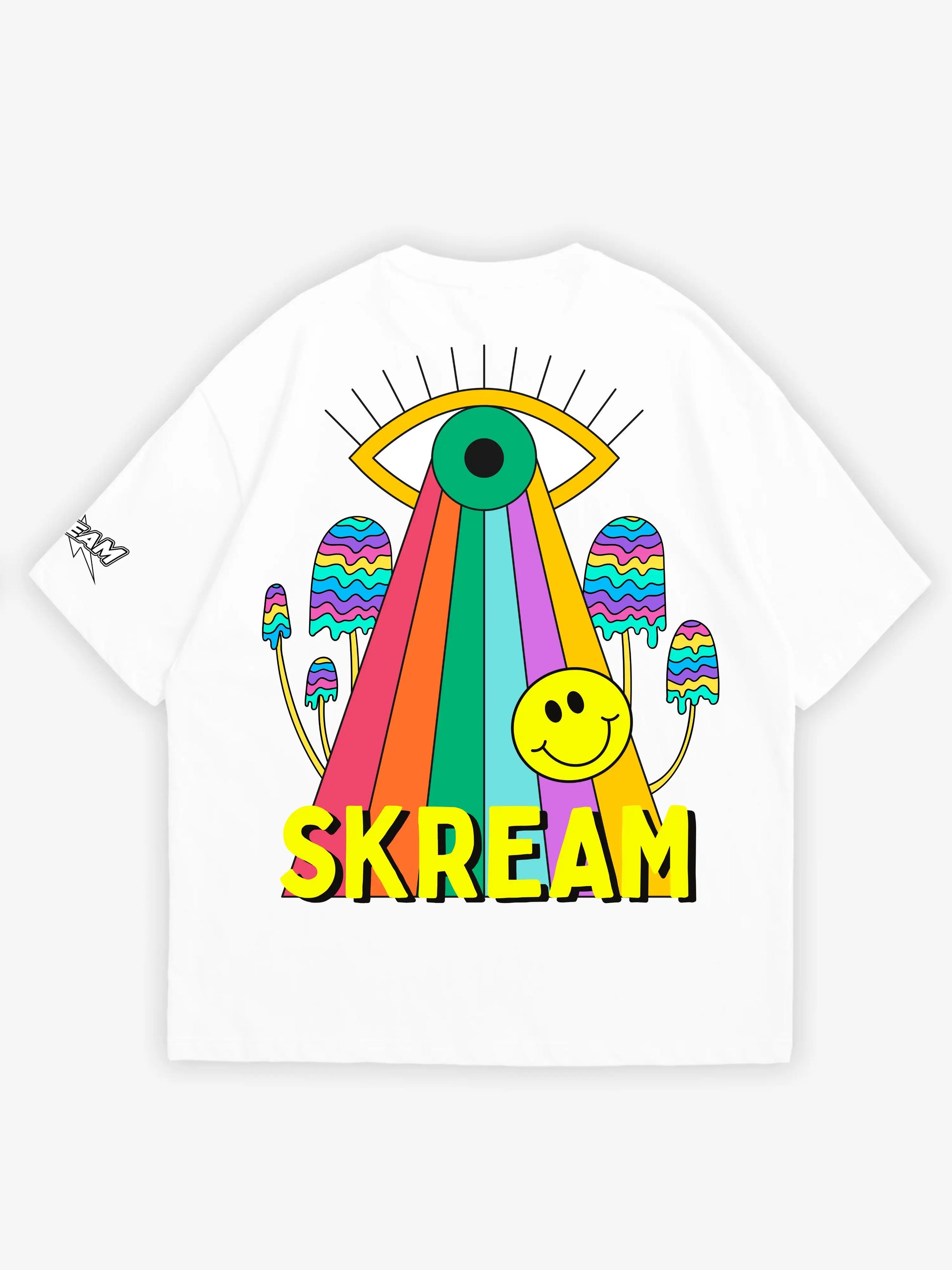 white oversized t-shirt, eat your veggies graphic y2k print, skream streetwear t-shirt