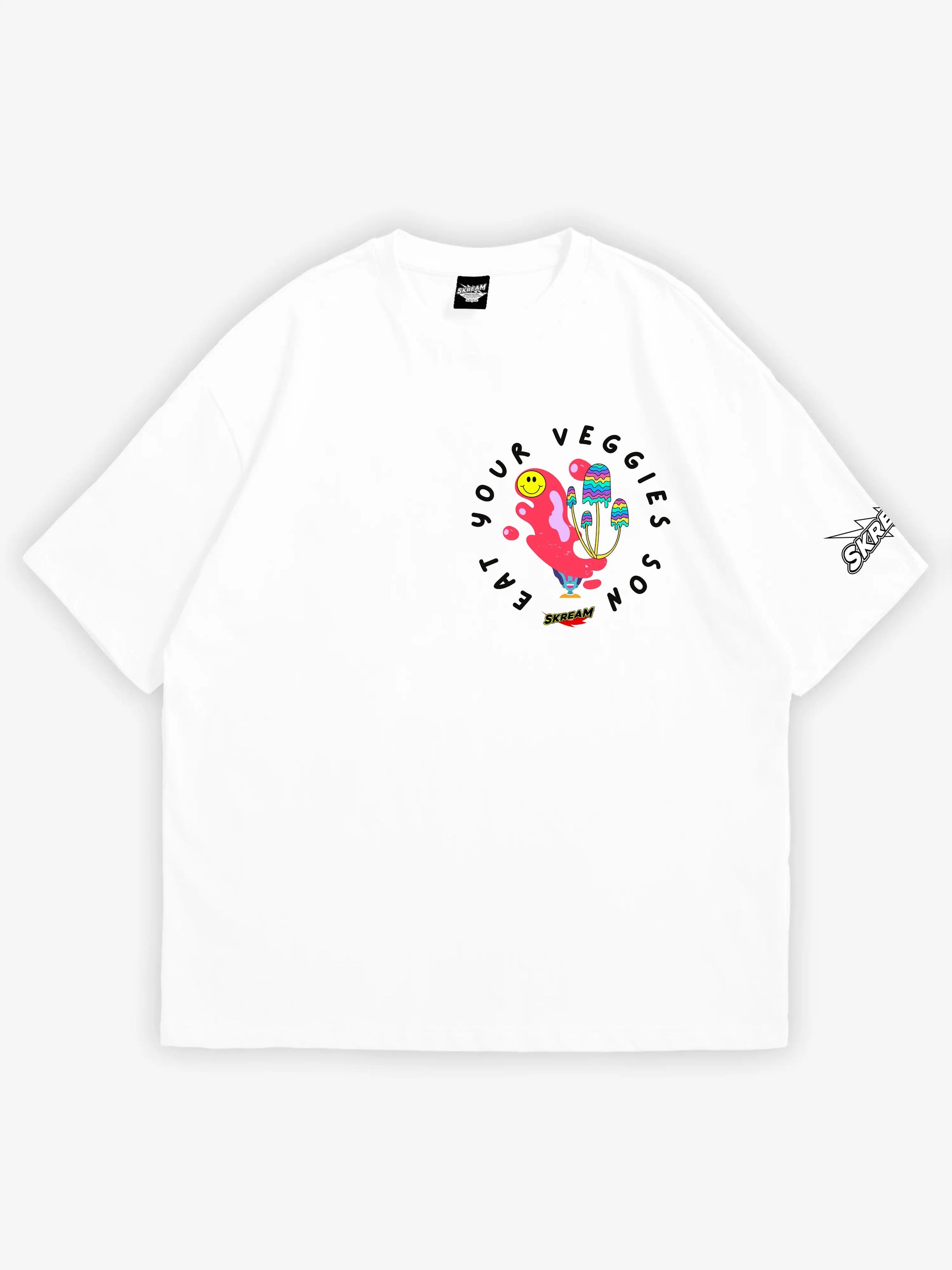white oversized t-shirt, eat your veggies graphic y2k print, skream streetwear t-shirt