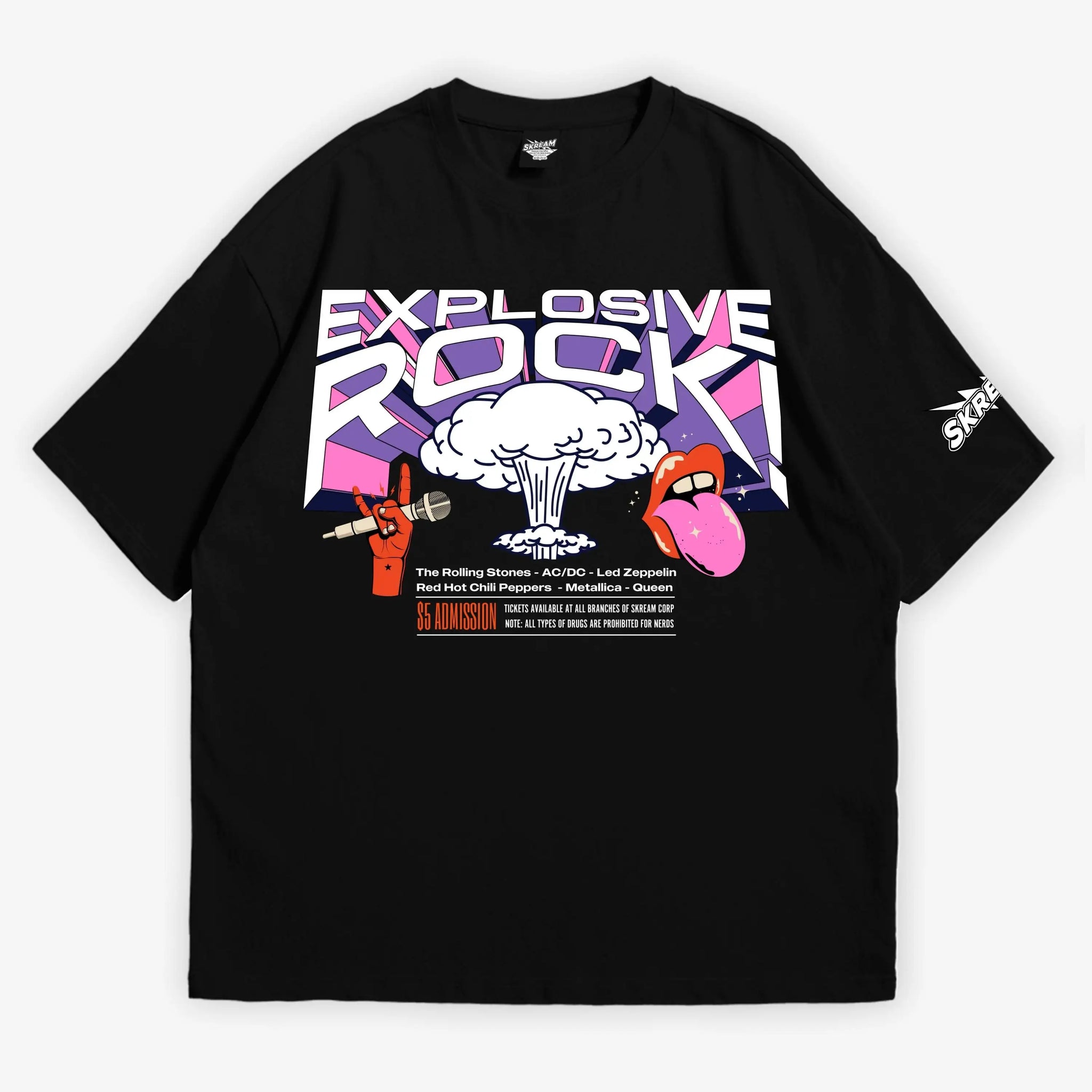 Black oversized T-shirt, explosive rock y2k print, skream streetwear t-shirt 