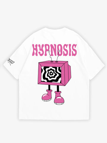 White oversized t-shirt, hypnosis television graphic y2k print, skream streetwear t-shirt