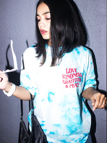 Tie and dye tshirt, sky blue love kindness gratitude and peace print, y2k stylish, skream tshirt