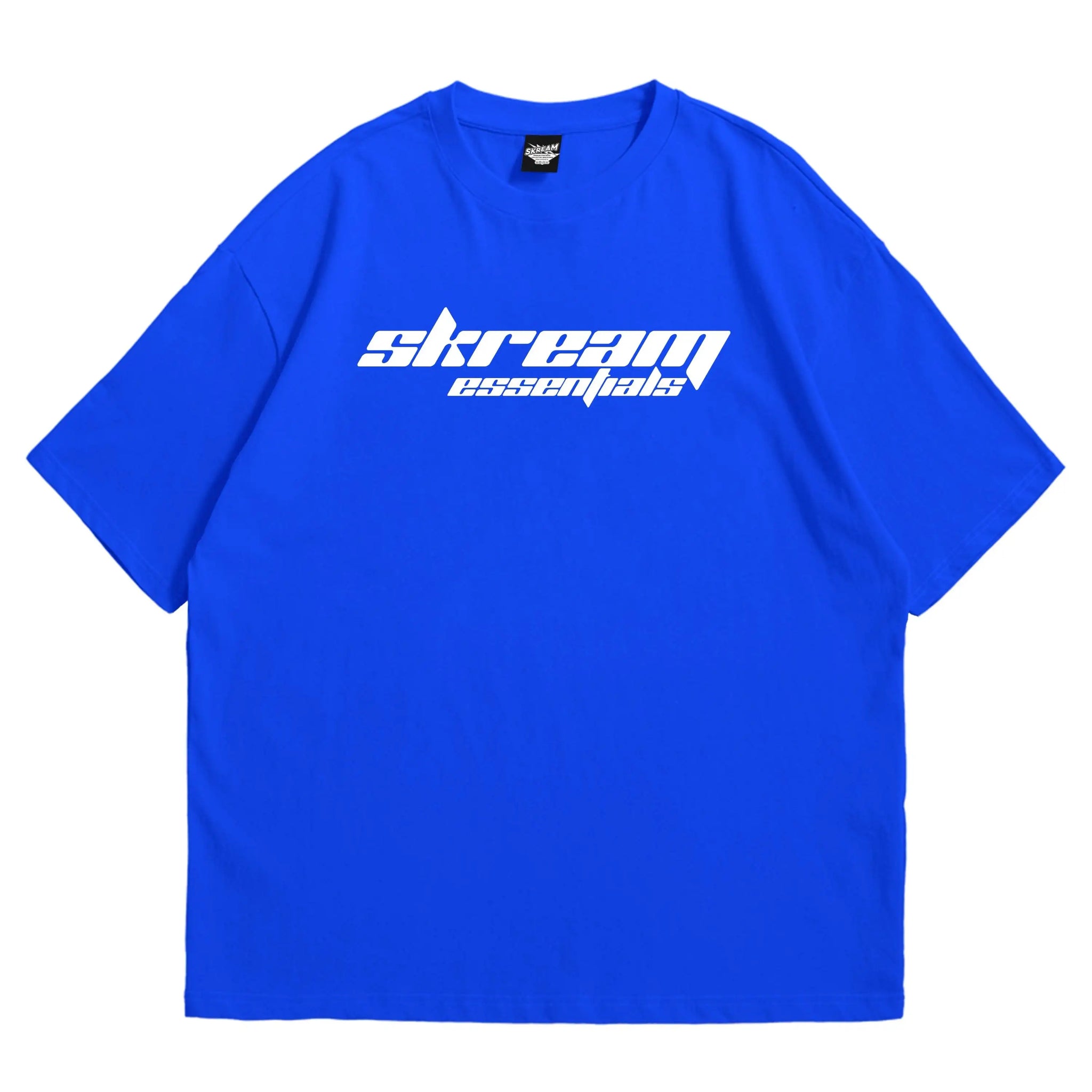blue oversized t-shirt, skream essentials graphic y2k print, skream streetwear t-shirt