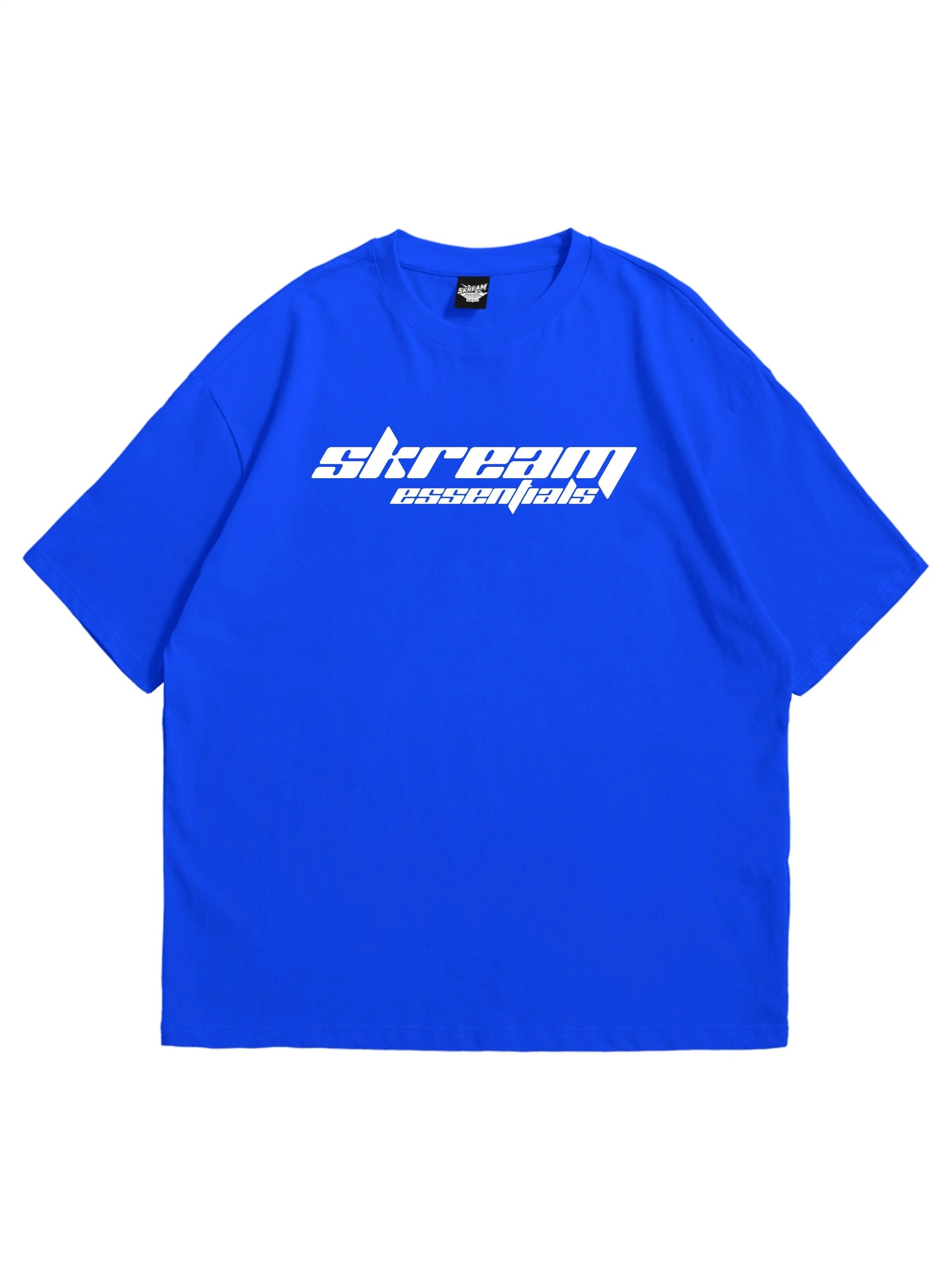 blue oversized t-shirt, skream essentials graphic y2k print, skream streetwear t-shirt