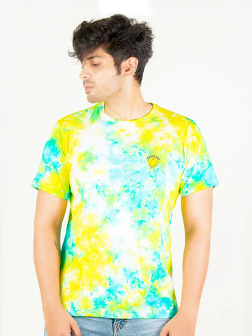 Tie and dye t-shirt, yellow blue print, skream streetwear t-shirt 