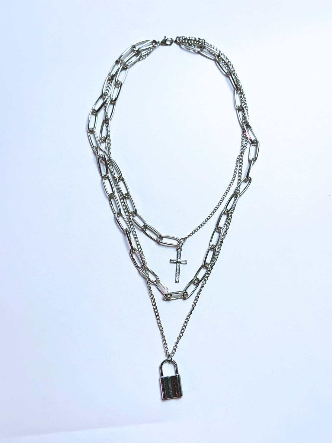 3-Layered Cross & Lock Silver Chain