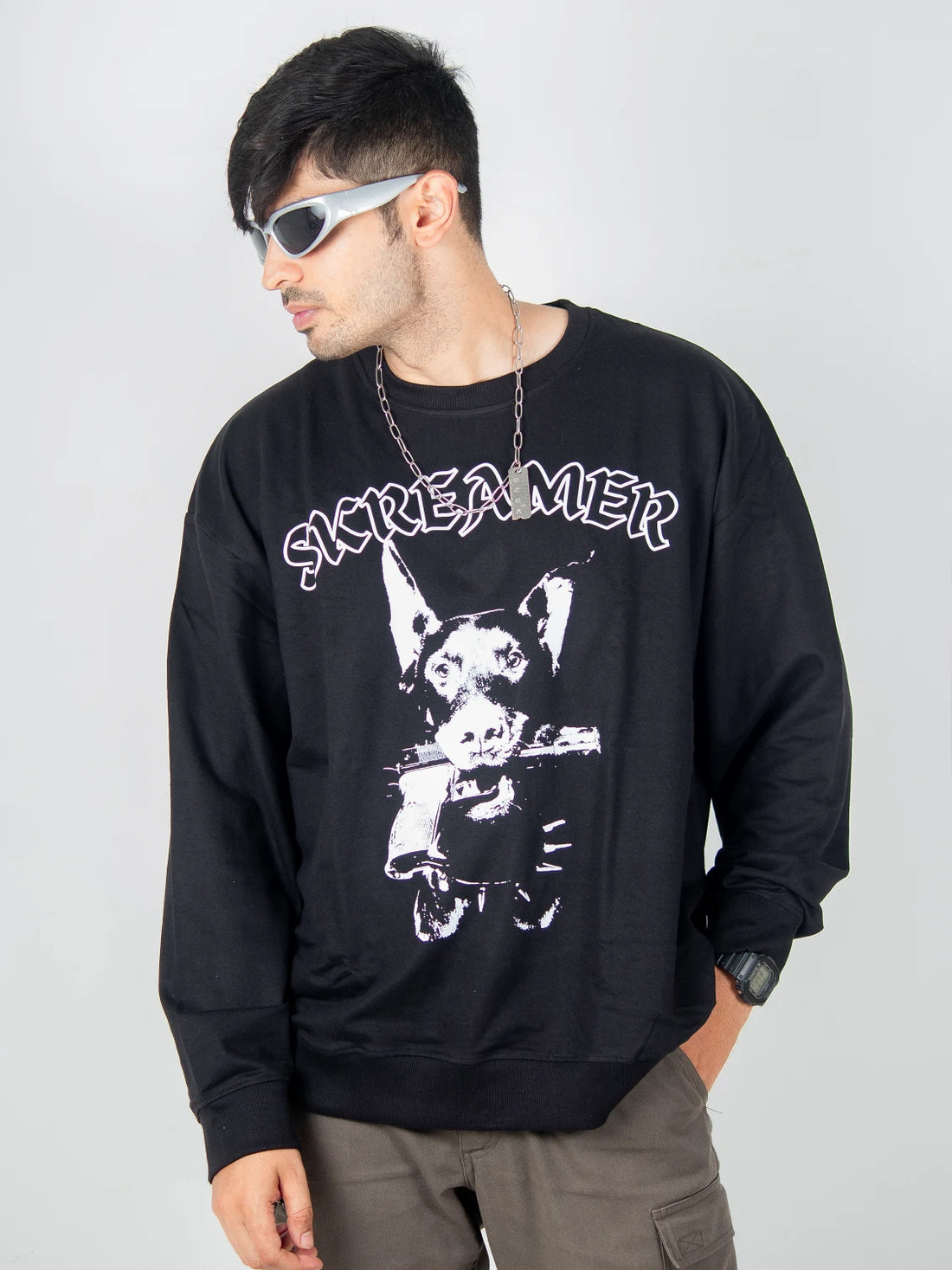 Black oversized Sweatshirt, skreamer big bully dog with gun graphic y2k print, skream streetwear t-shirt