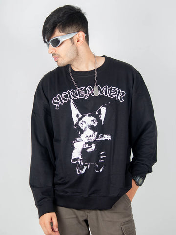 Black oversized Sweatshirt, skreamer big bully dog with gun graphic y2k print, skream streetwear t-shirt