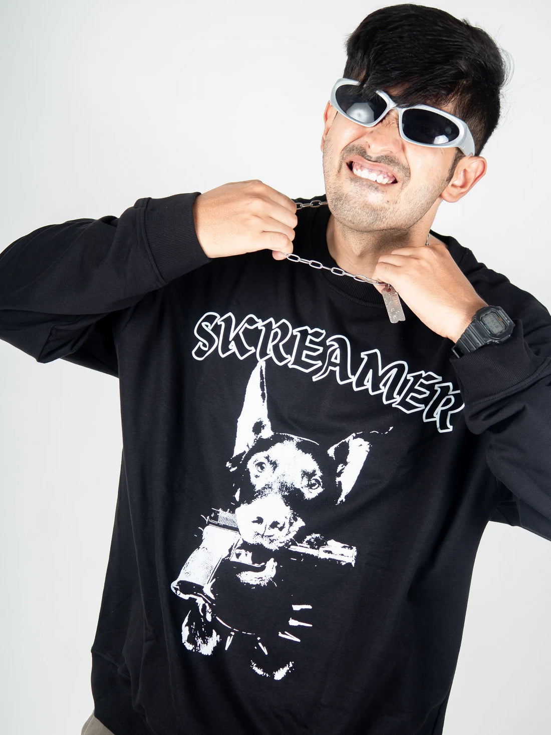 Black oversized Sweatshirt, skreamer big bully dog with gun graphic y2k print, skream streetwear t-shirt