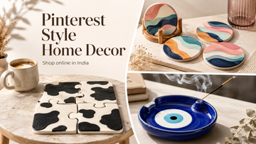 Pinterest-style home decor collage featuring aesthetic coasters and an evil eye incense holder
