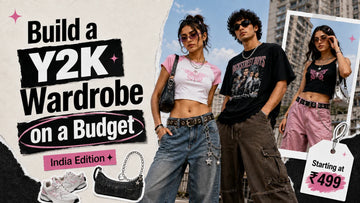 Magazine-style Y2K fashion collage showing young adults in oversized tees, baggy jeans, pink cargo pants and accessories for a budget Y2K wardrobe in India