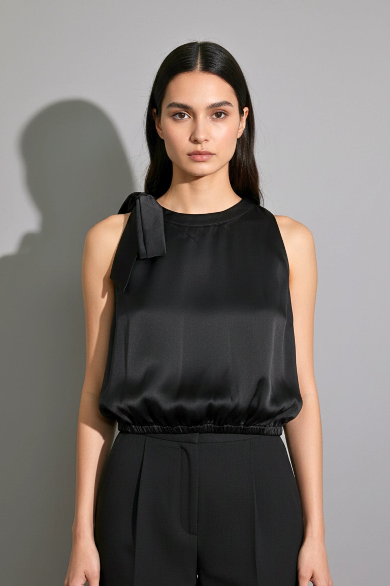 Black Satin Asymmetric Halter Crop Top