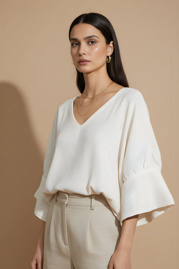 White V-Neck Loose Fit Top