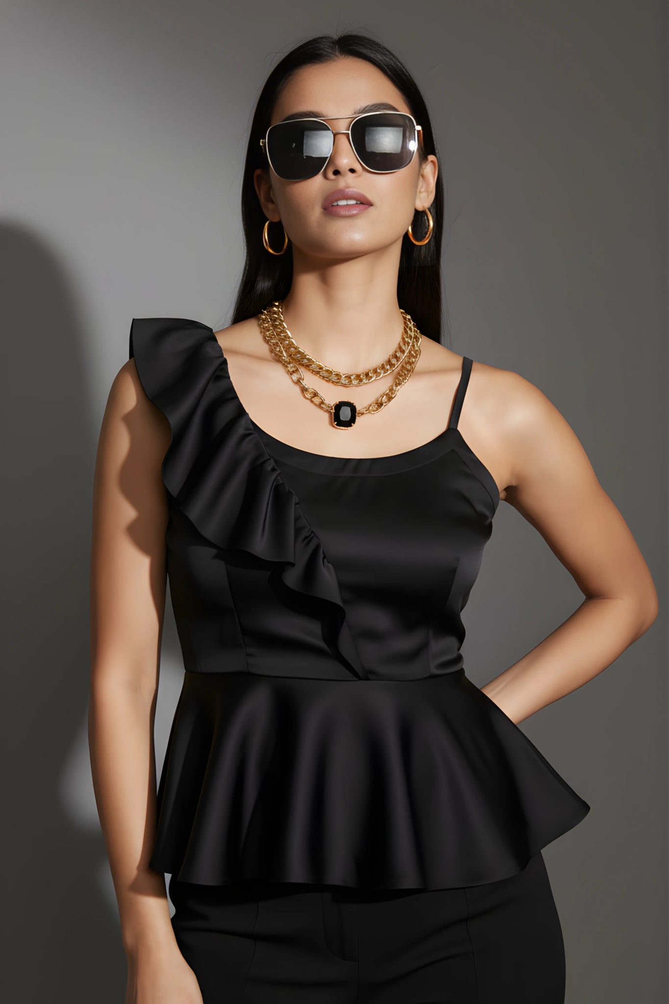 Black Peplum Satin Top