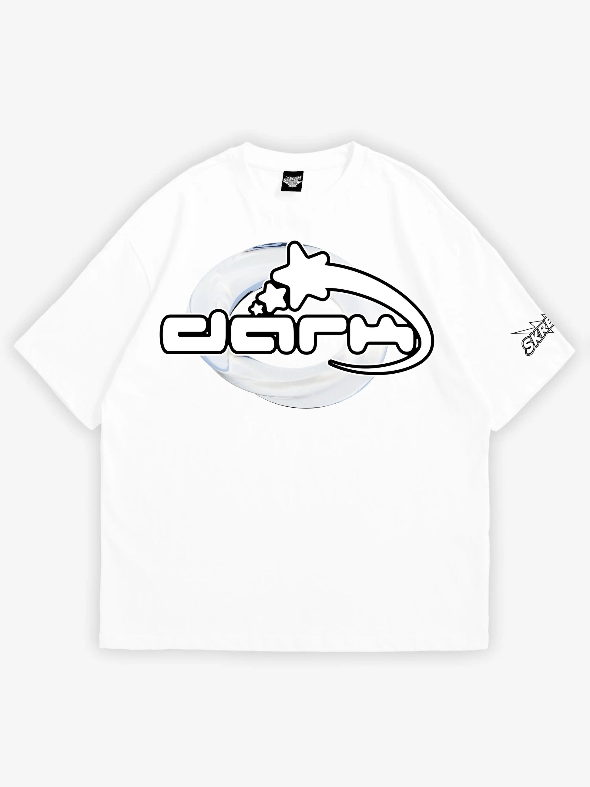 white oversized t-shirt, graphic y2k print, skream streetwear t-shirt