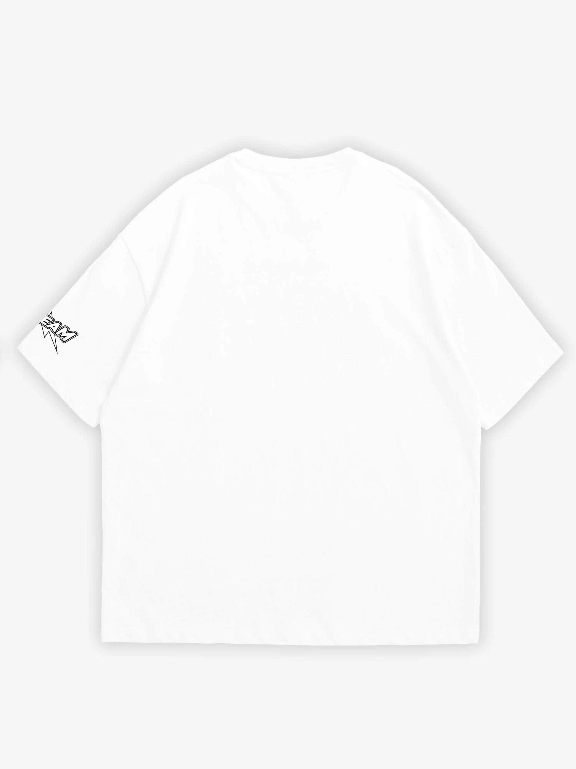 white oversized t-shirt, graphic y2k print, skream streetwear t-shirt