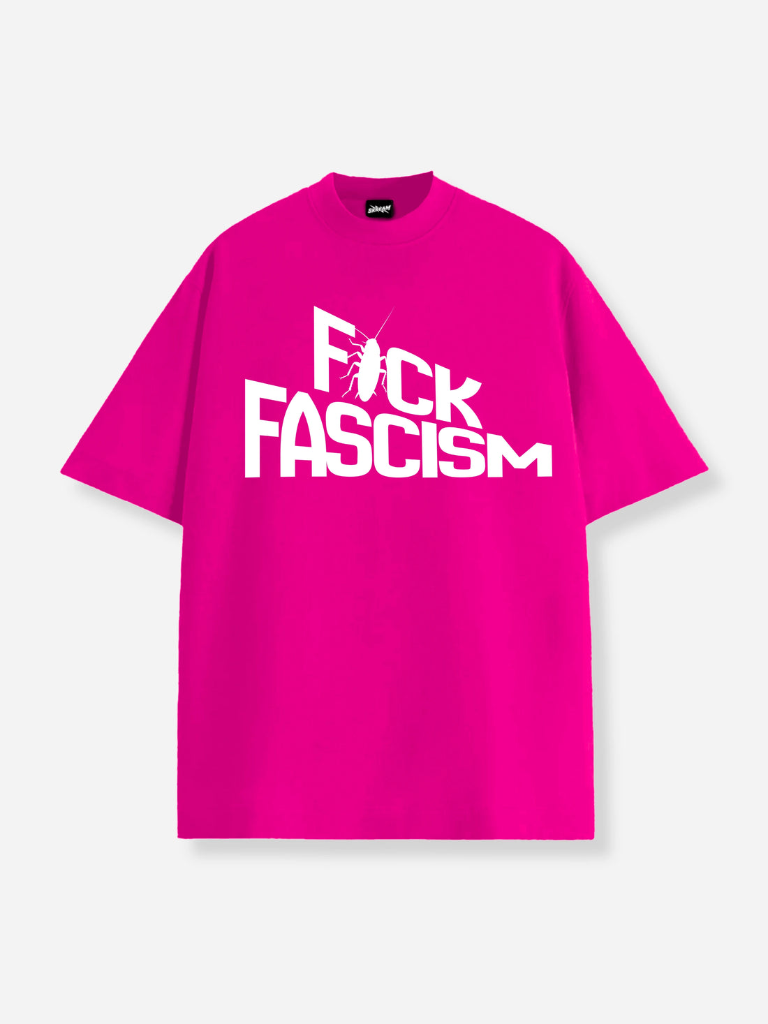 A bright pink oversized short-sleeve t-shirt with a bold white graphic print on the front reading 'F*CK FASCISM' with a cockroach silhouette integrated into the text, shown against a light gray background. 2026 protest typography oversized streetwear tee
Premium oversized unisex revolution t-shirt
Heavyweight cotton statement t-shirt
Political streetwear graphic tee
Anti authoritarian oversized t-shirt
SKREAM oversized graphic t-shirt front print
Minimal typography protest apparel