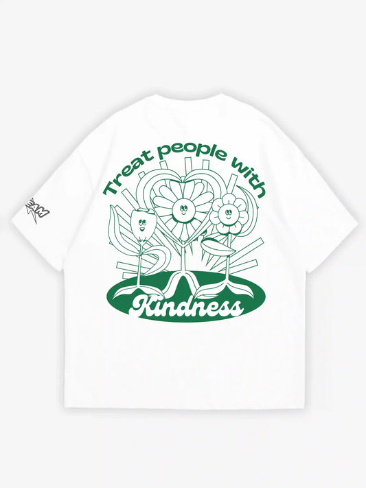white oversized t-shirt, treat people with kindness graphic y2k print, skream streetwear t-shirt