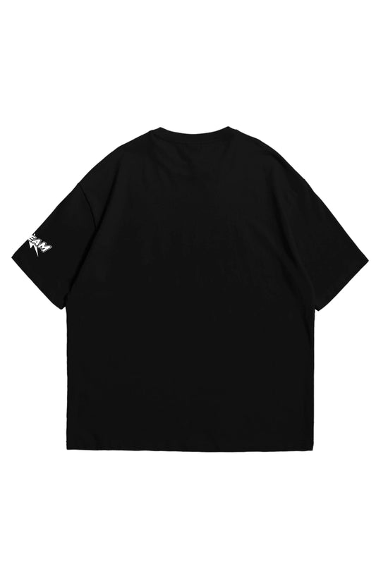 black oversized t-shirt, graphic y2k print, skream streetwear t-shirt