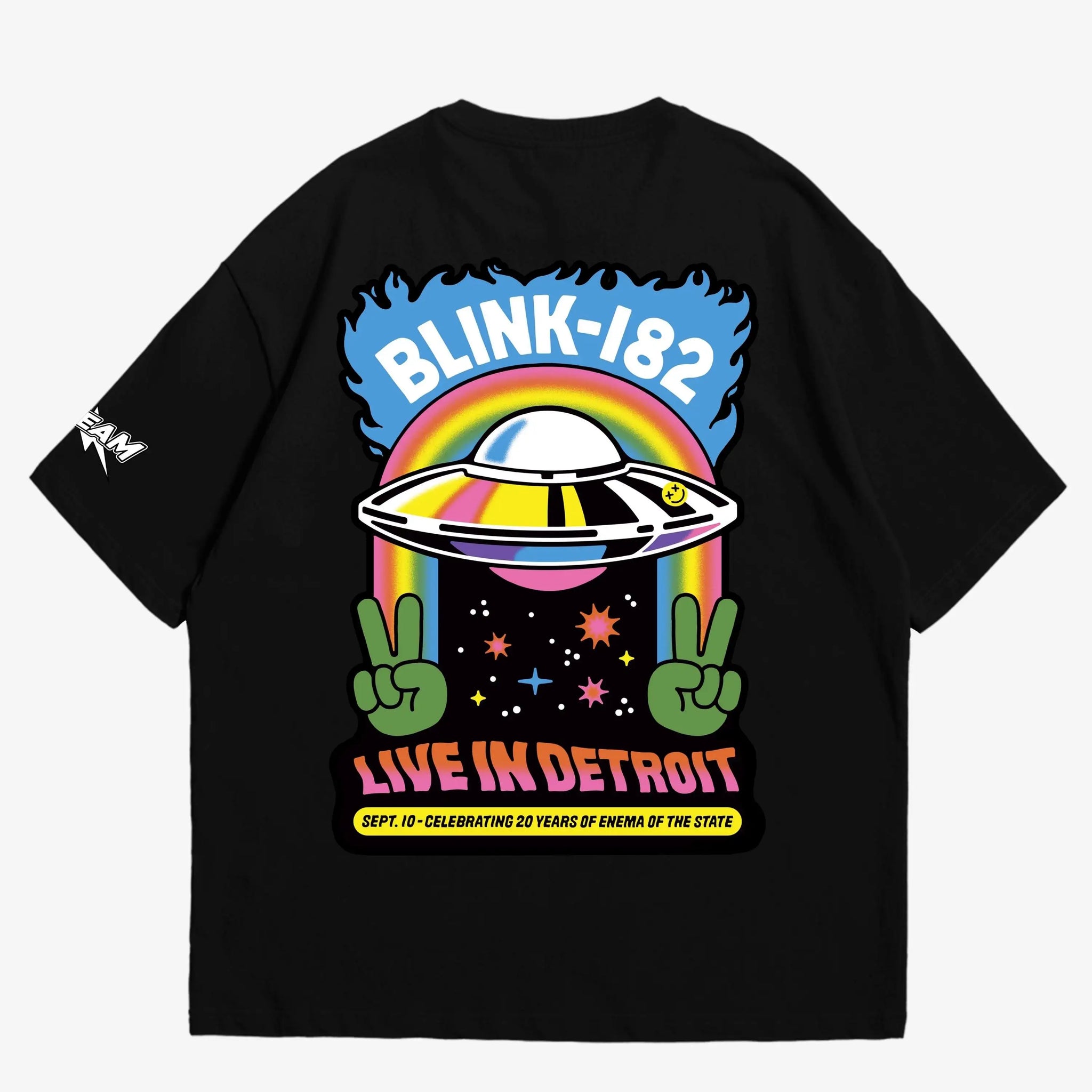 black oversized t-shirt, blink 182 rock band graphic y2k print, skream streetwear t-shirt