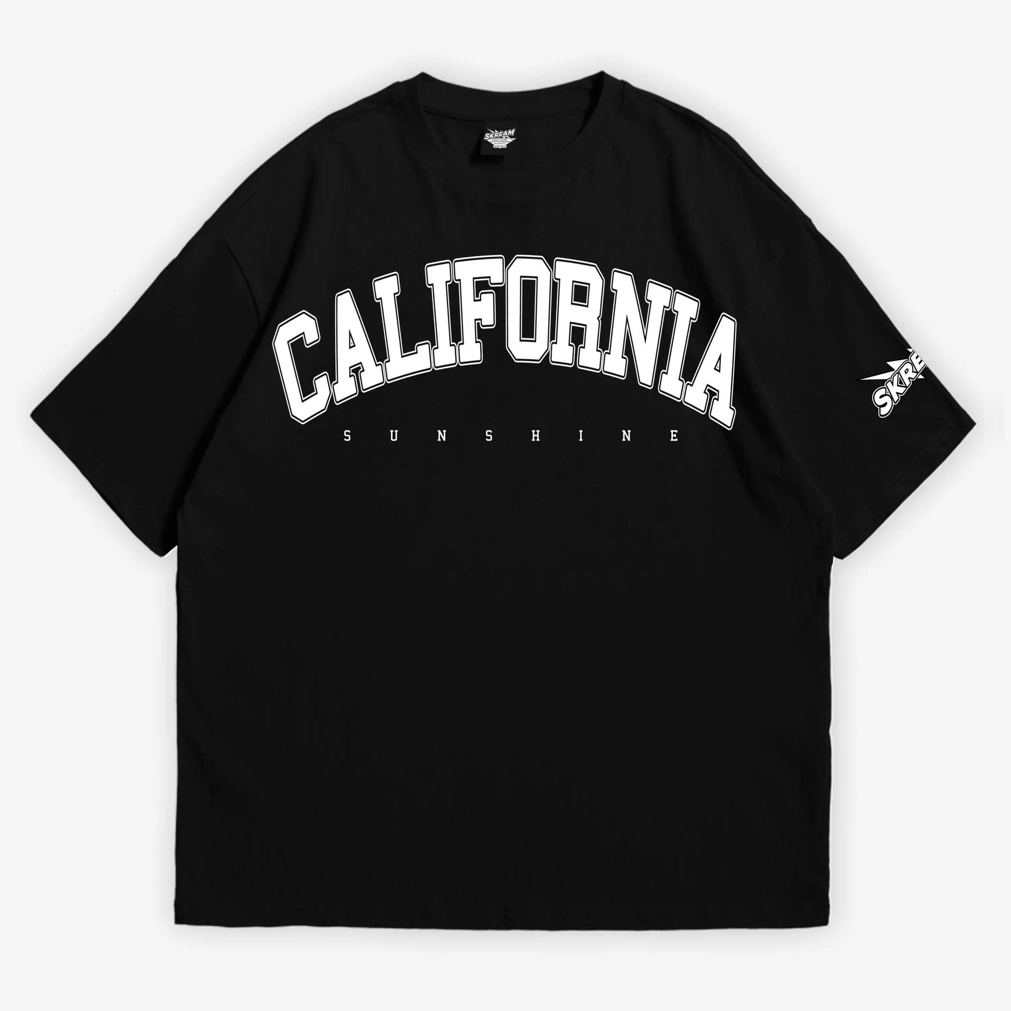 black oversized t-shirt, california sunshine graphic y2k print, skream streetwear t-shirt