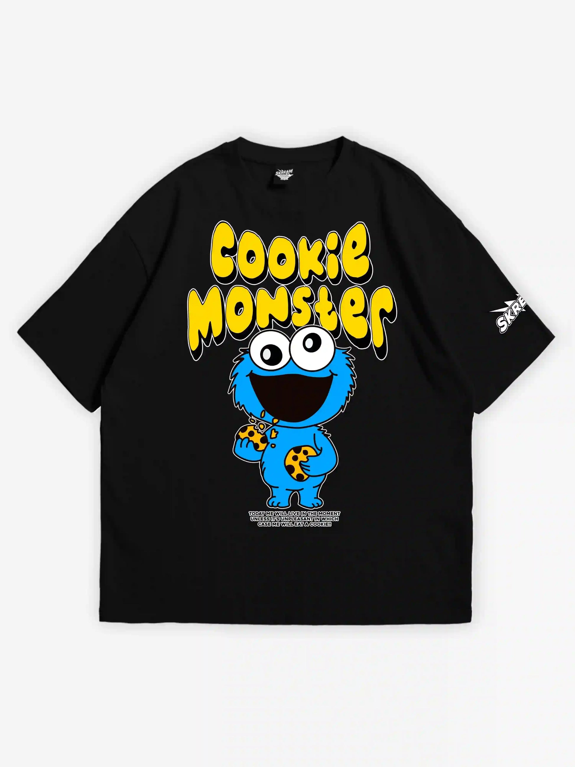 Black oversized T-shirt, cookie monster y2k print, skream streetwear t-shirt 