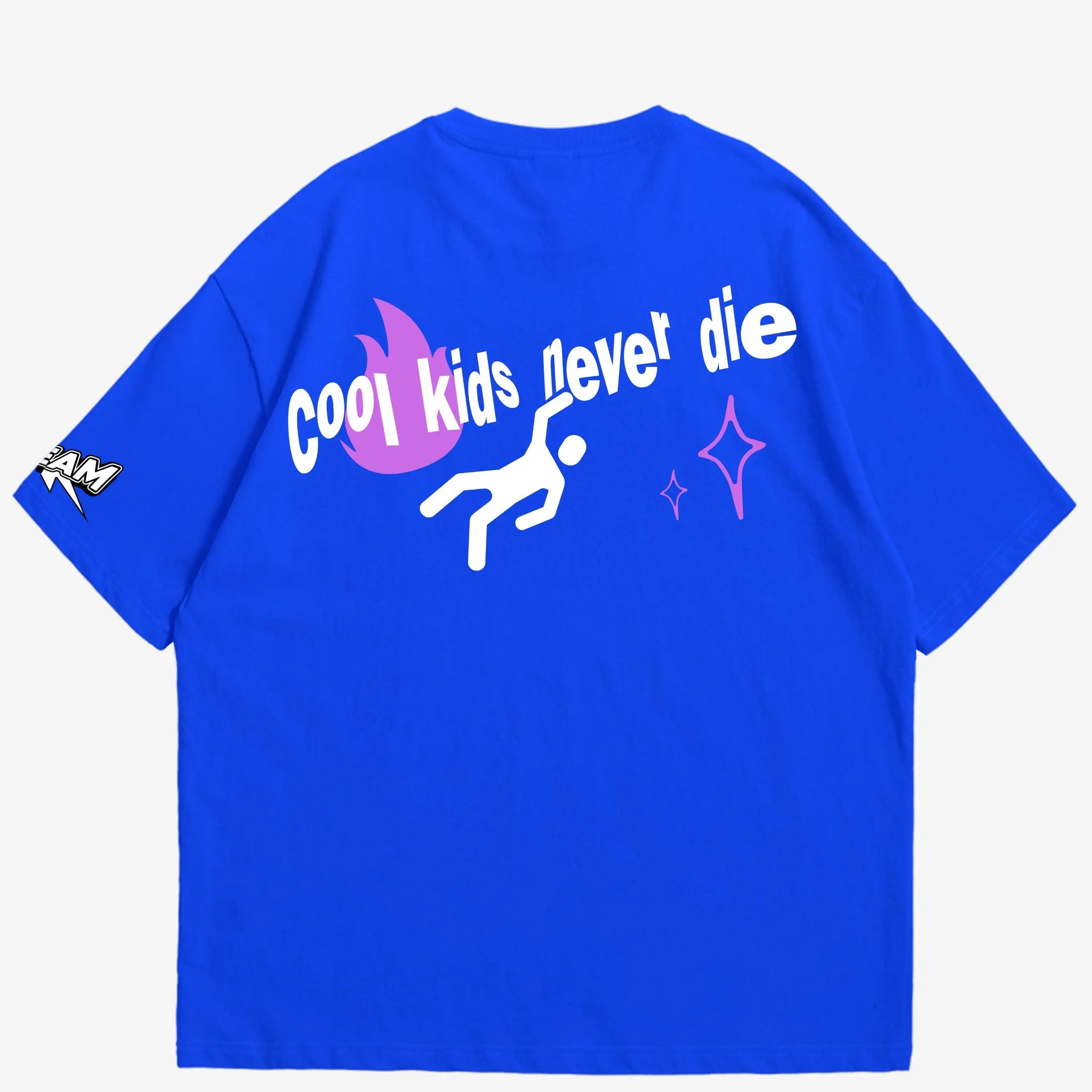 blue oversized t-shirt, graphic y2k print, skream streetwear t-shirt