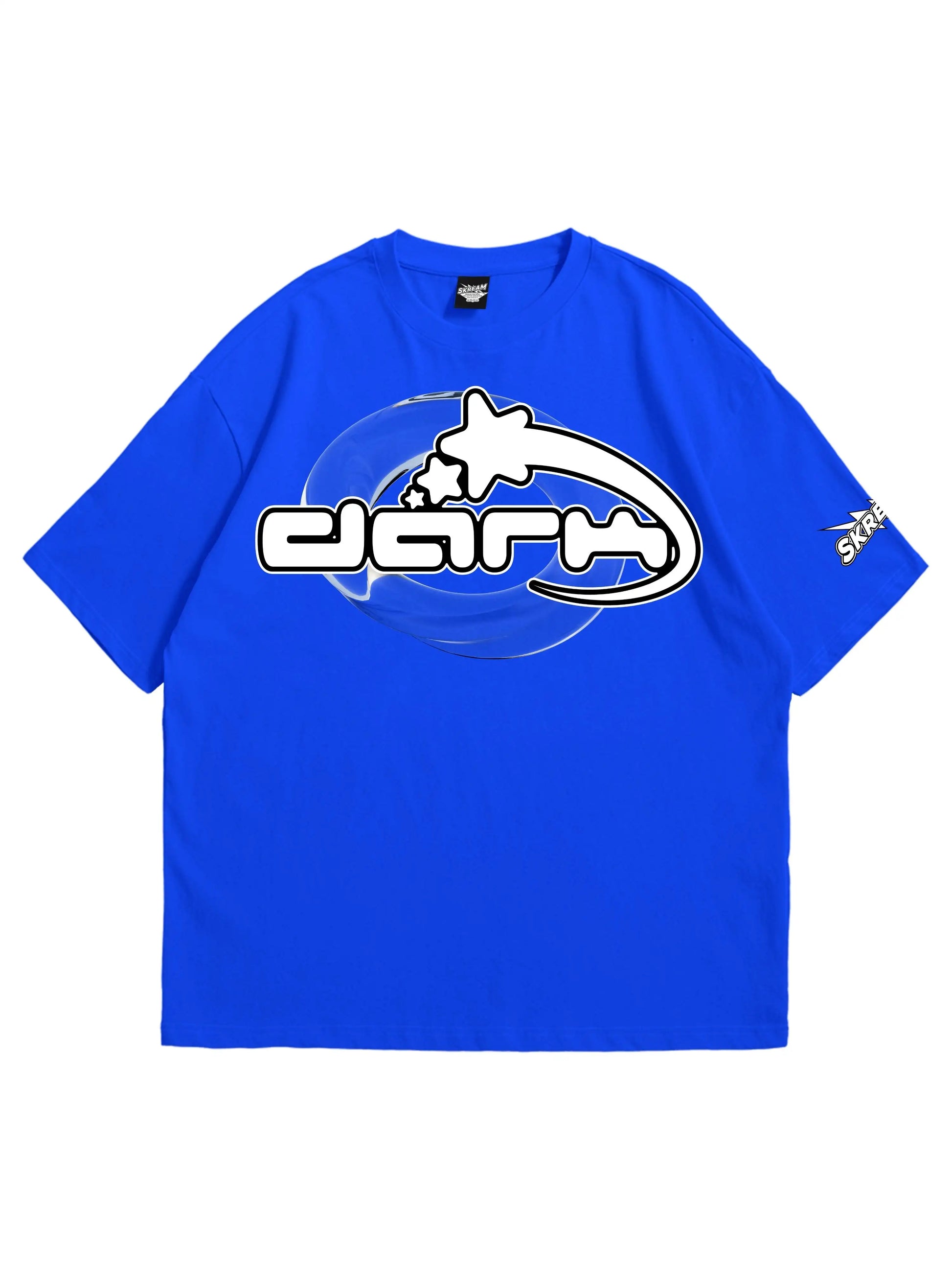 blue oversized t-shirt, graphic y2k print, skream streetwear t-shirt