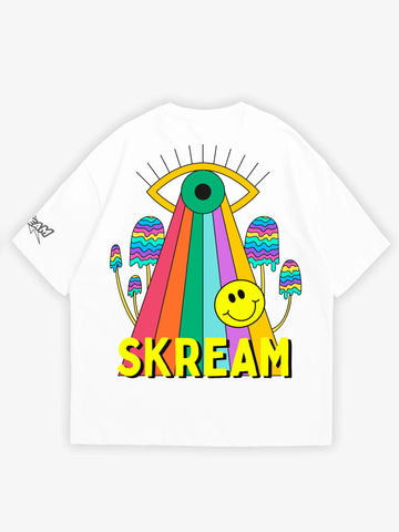 white oversized t-shirt, eat your veggies graphic y2k print, skream streetwear t-shirt