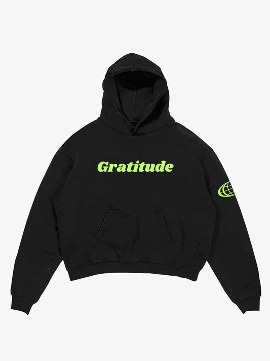 Black oversized hoodie, gratitude graphic y2k print, skream streetwear t-shirt