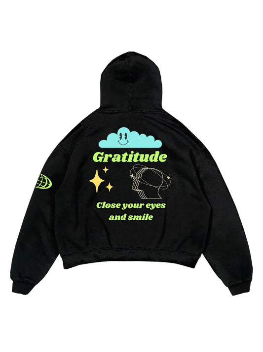 Black oversized hoodie, gratitude graphic y2k print, skream streetwear t-shirt