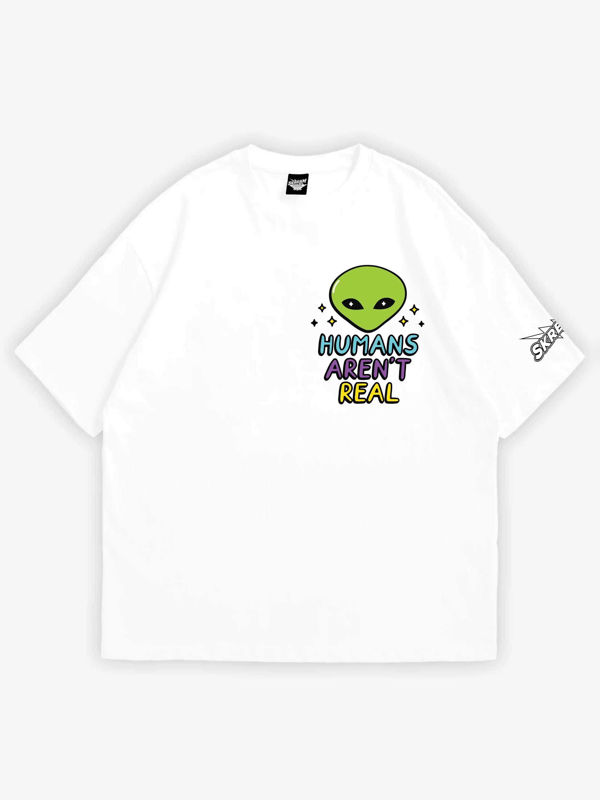 White oversized t-shirt, humans aren't real alien graphic y2k print, skream streetwear t-shirt