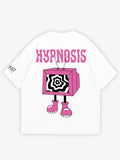 White oversized t-shirt, hypnosis television graphic y2k print, skream streetwear t-shirt