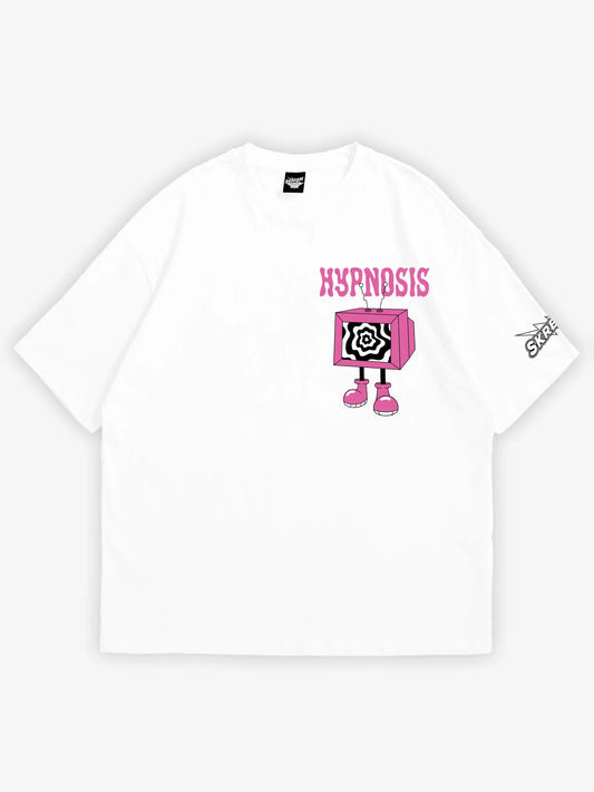 White oversized t-shirt, hypnosis television graphic y2k print, skream streetwear t-shirt