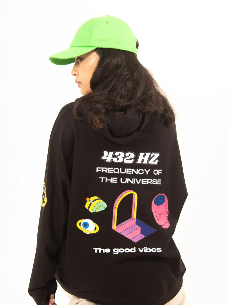Black oversized hoodie, 432hz music frequency good vibes graphic y2k print, skream streetwear t-shirt
