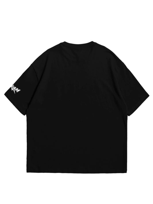 black oversized t-shirt, graphic y2k print, skream streetwear t-shirt
