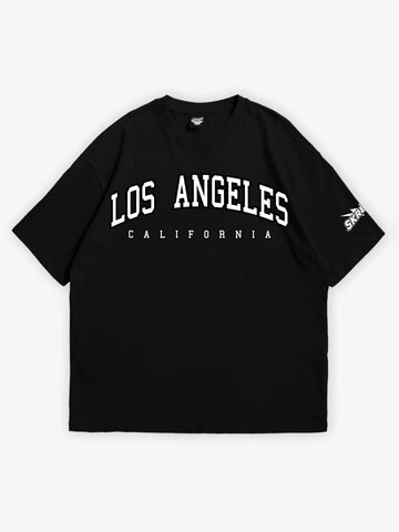 black oversized t-shirt, los angeles california graphic y2k print, skream streetwear t-shirt