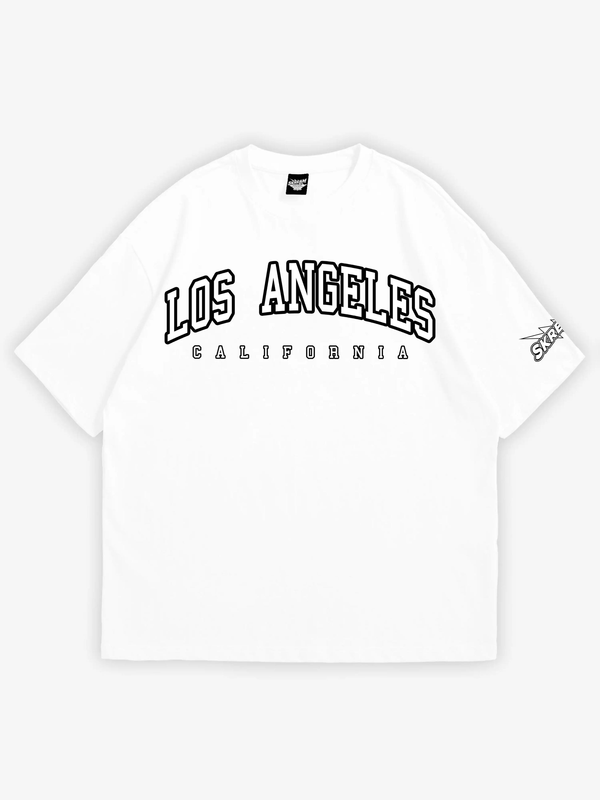 white oversized t-shirt, los angeles california graphic y2k print, skream streetwear t-shirt