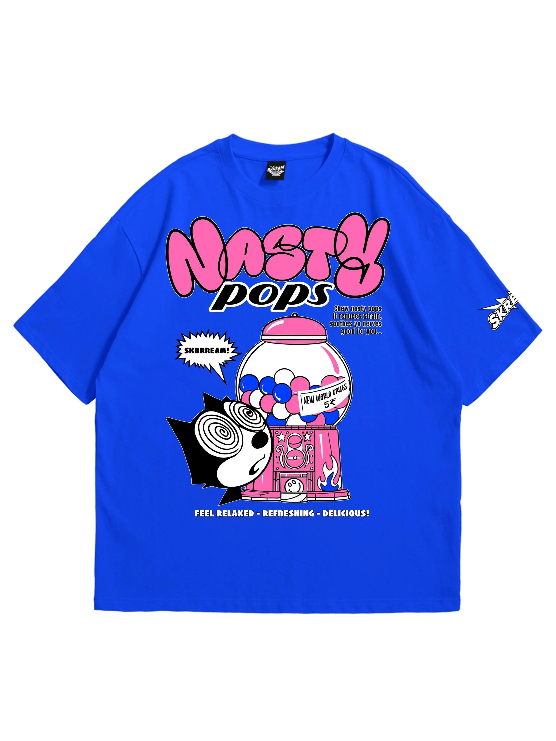 Blue oversized T-shirt, nasty pops y2k print, skream streetwear t-shirt 