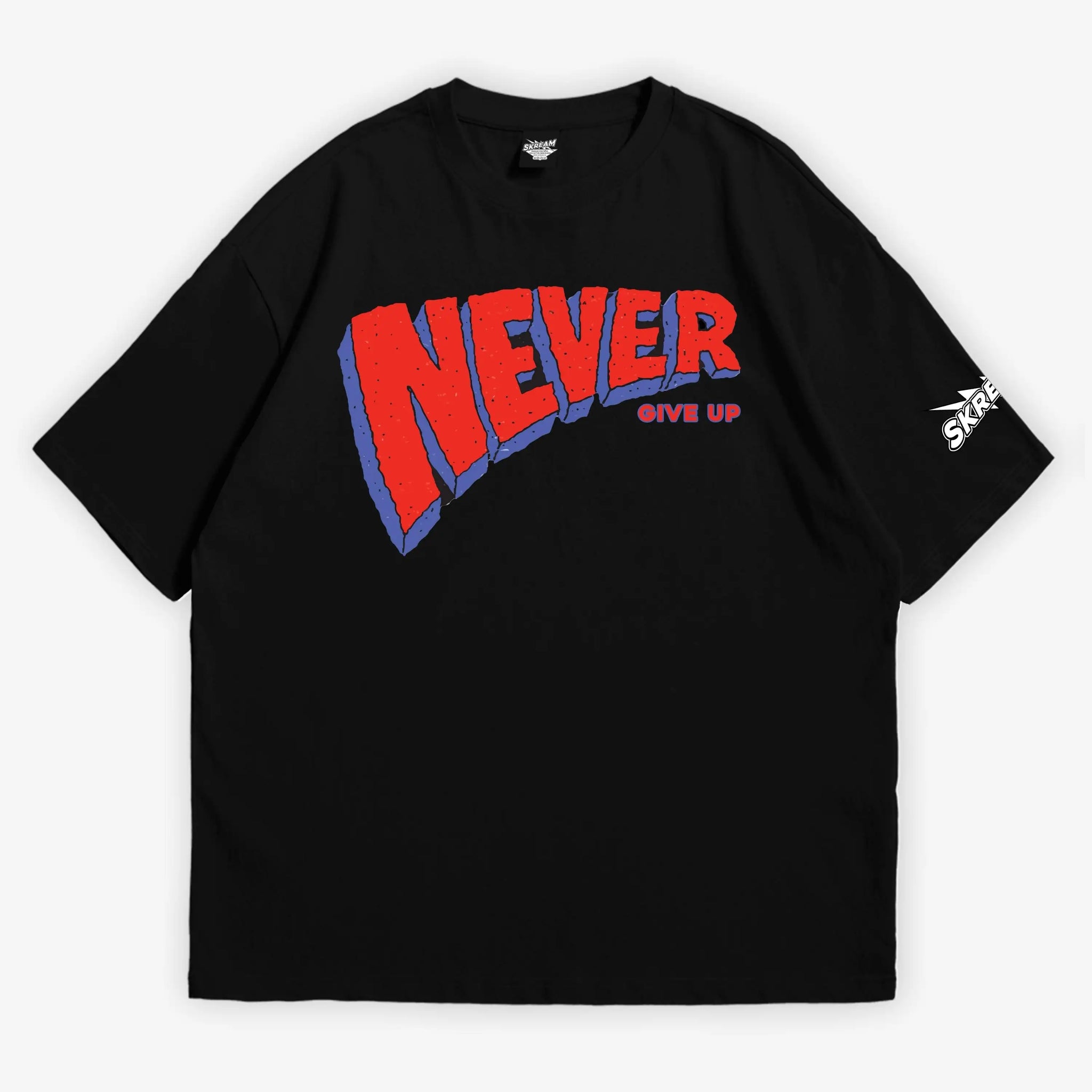 Black oversized T-shirt, never give up motivational y2k print, skream streetwear t-shirt 