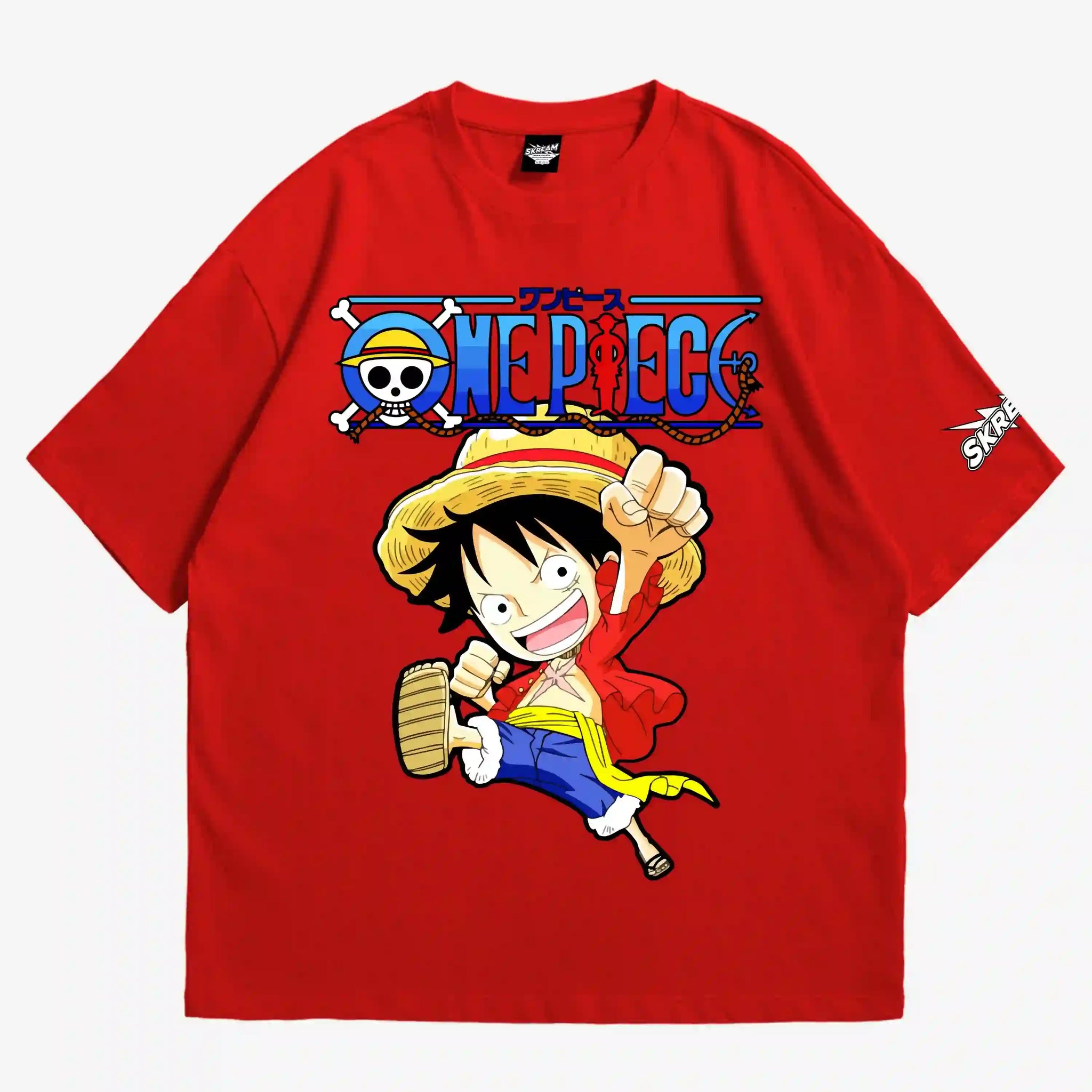 red oversized t-shirt, anime luffy graphic y2k print, skream streetwear t-shirt