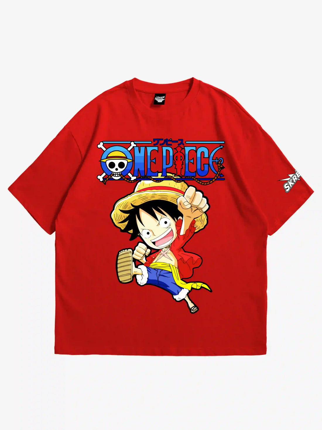 red oversized t-shirt, anime luffy graphic y2k print, skream streetwear t-shirt