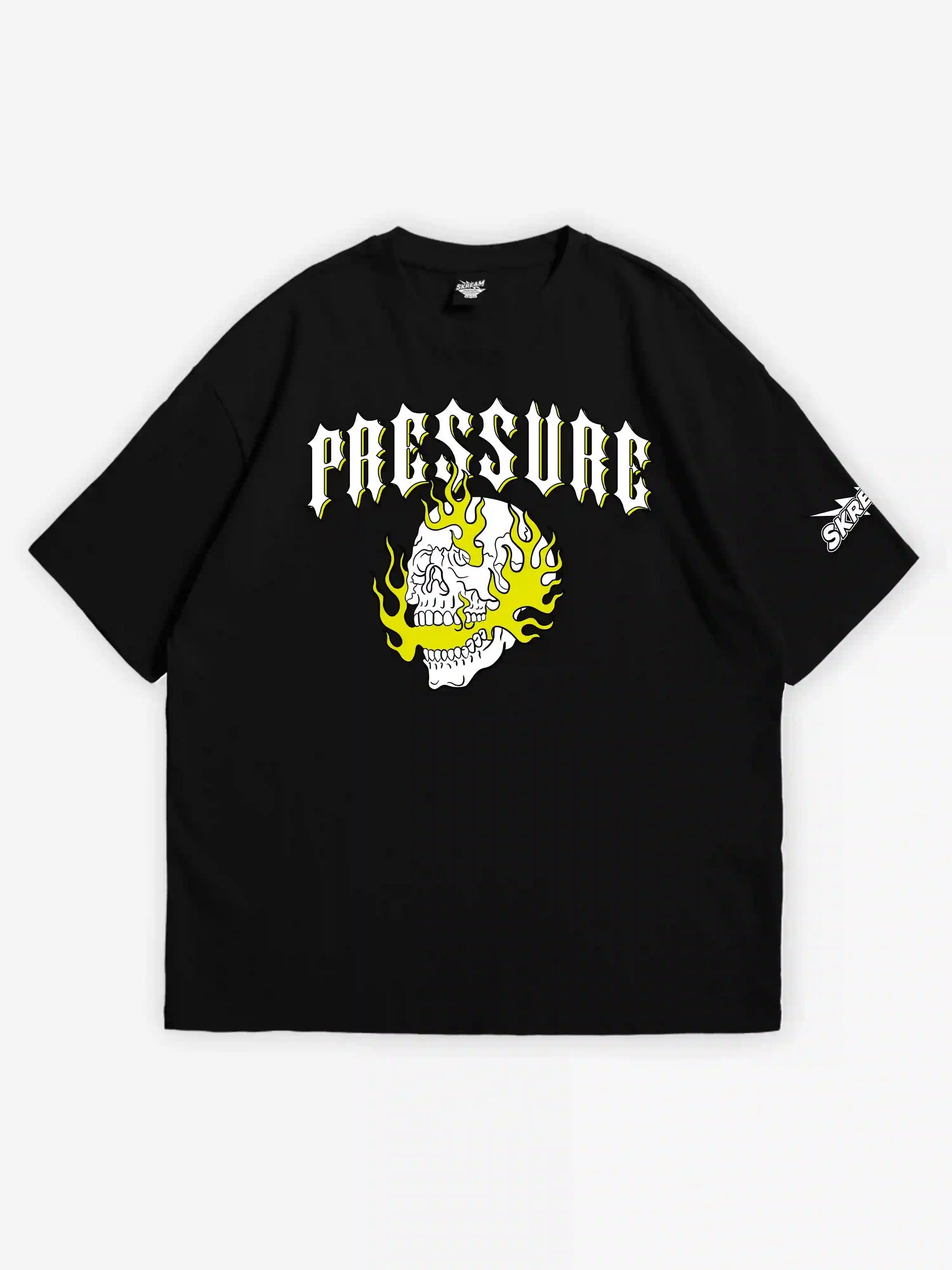 Black oversized T-shirt, pressure bold y2k print, skream streetwear t-shirt 