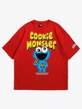 Red oversized T-shirt, cookie monster y2k print, skream streetwear t-shirt 