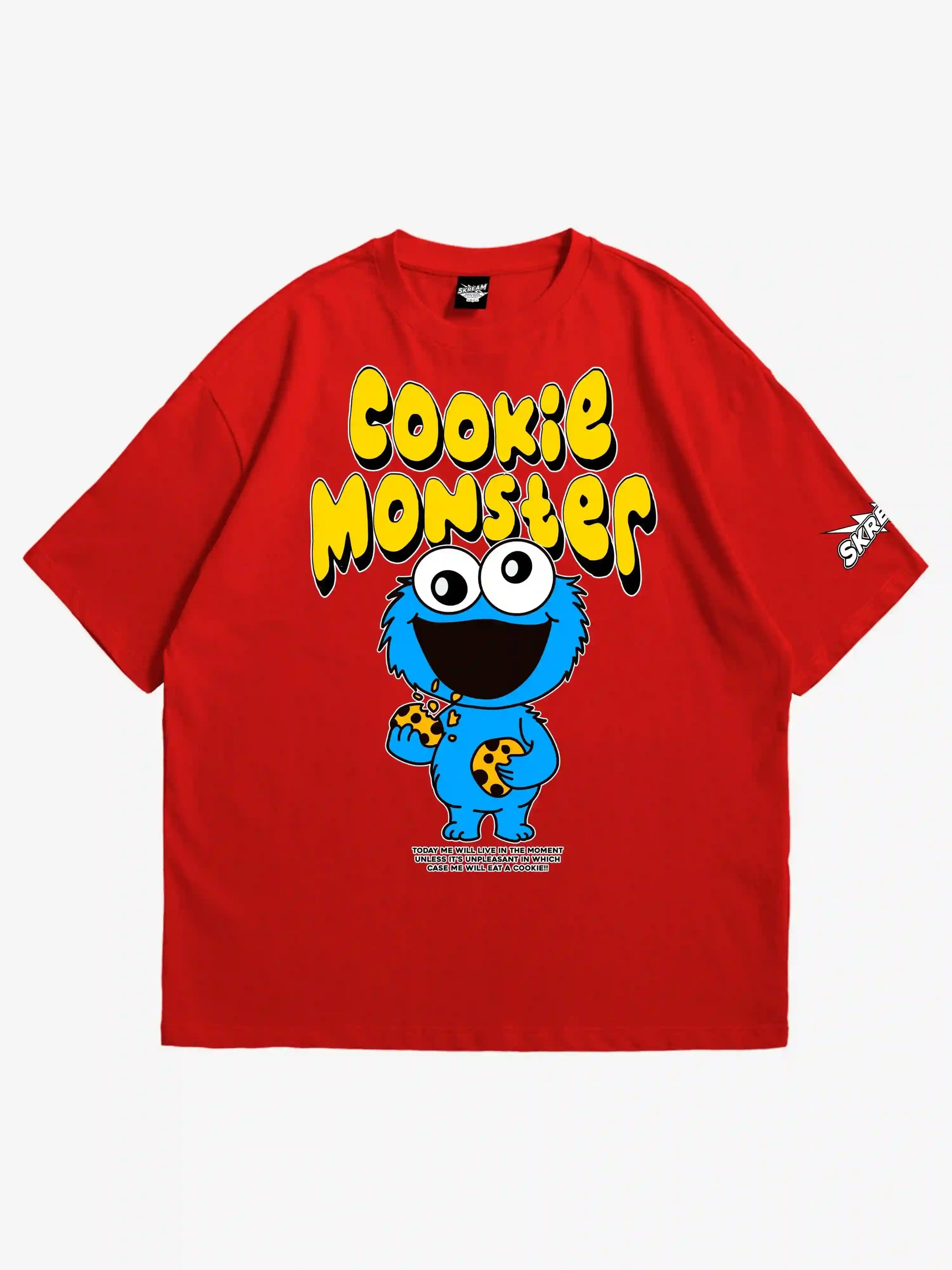 Red oversized T-shirt, cookie monster y2k print, skream streetwear t-shirt 