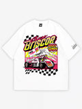 White oversized T-shirt, Risky brisky bold moto sport racing car print, skream t-shirt for men and women