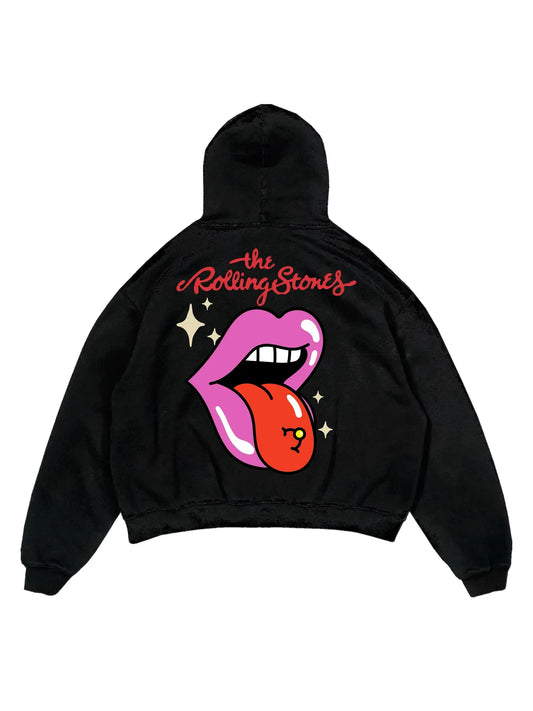 Black oversized hoodie, rolling stones band graphic y2k print, skream streetwear t-shirt