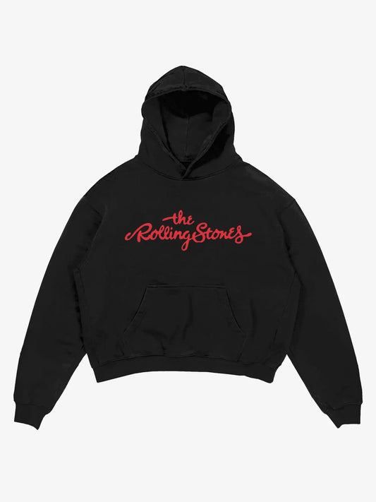 Black oversized hoodie, rolling stones band graphic y2k print, skream streetwear t-shirt