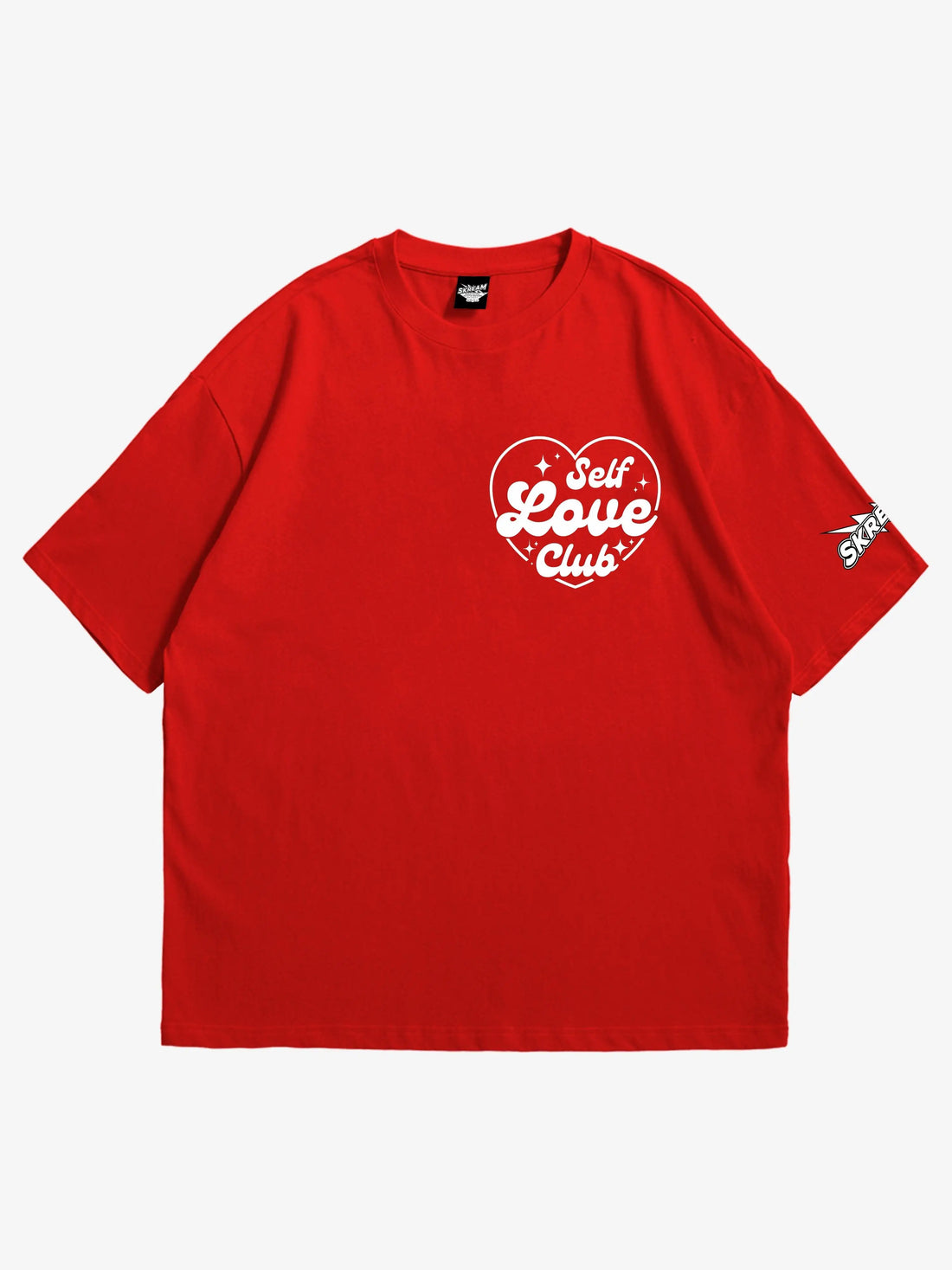 red oversized t-shirt, self love club graphic y2k print, skream streetwear t-shirt